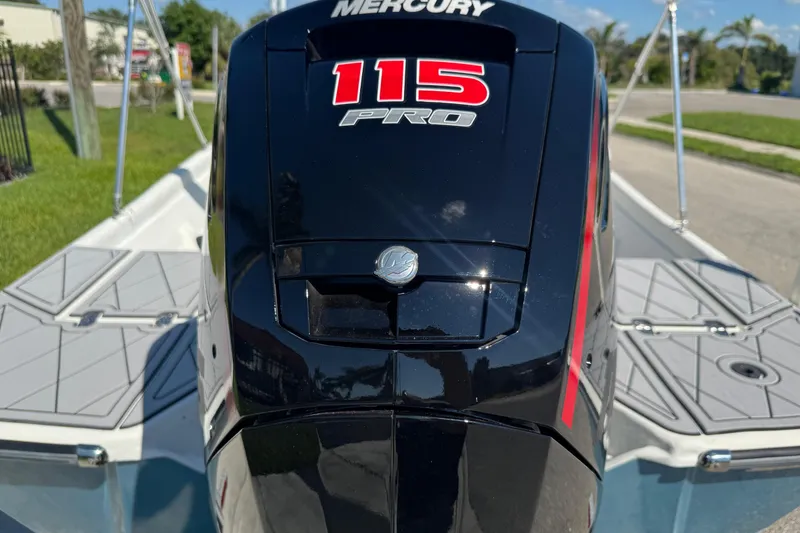 Slide: The Image of Mercury 115 Pro outboard motor on 2019 Cape Craft 180 boat, close-up view. - 9
