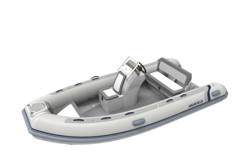 Slide: The Image of Manufacturer Provided Image: Top view of 2025 Highfield Classic 420 inflatable boat, gray interior, steering console. - 2