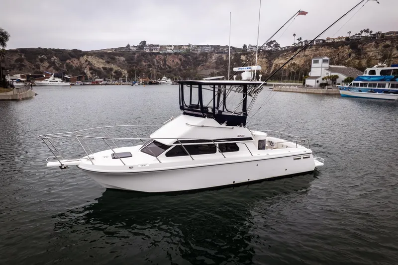 Slide: The Image of 2023 Skipjack 26 Flybridge boat in a scenic marina setting. - 1