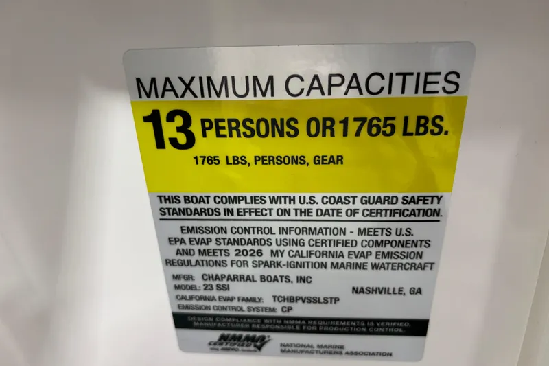 Slide: The Image of Capacity label for 2026 Chaparral 23 SSi, max 13 persons or 1765 lbs. - 14