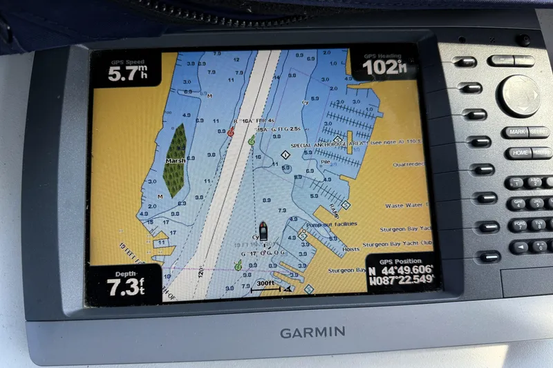 Slide: The Image of Garmin GPS displaying nautical chart on 1983 Wilbur 34 Fly Bridge Cruiser. - 31