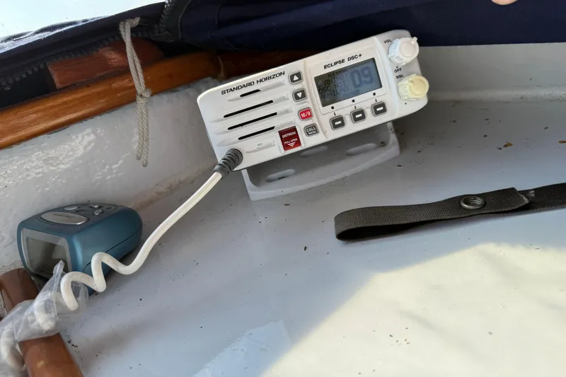 Slide: The Image of Marine radio equipment on 1983 Wilbur 34 Fly Bridge Cruiser boat. - 34