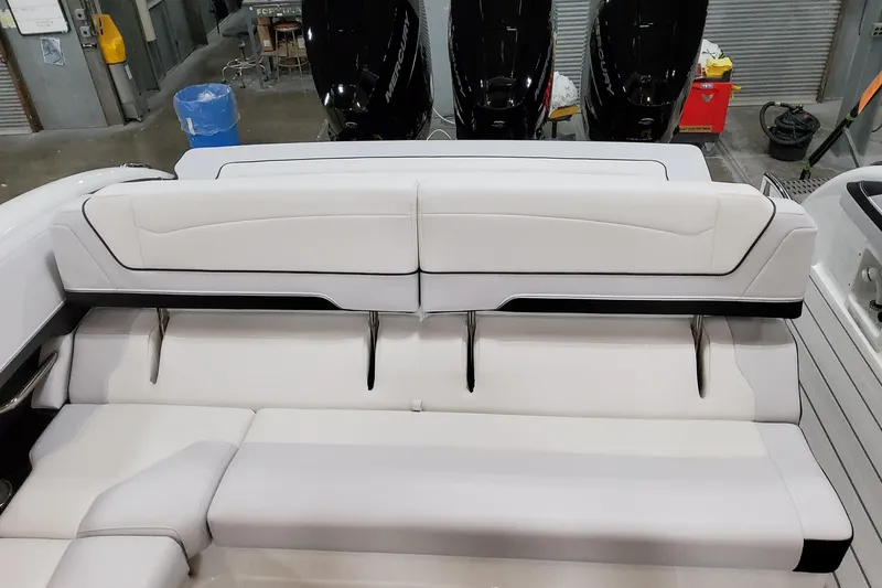 Slide: The Image of 2026 Formula 350 Crossover Bowrider OB, luxurious white seating, sleek design, outboard motors. - 18