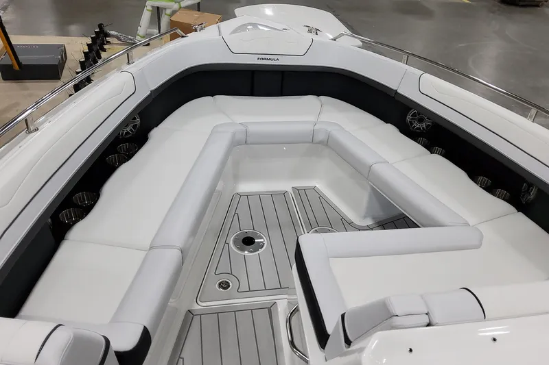 Slide: The Image of 2026 Formula 350 Crossover Bowrider OB interior with luxurious white seating and sleek design. - 40