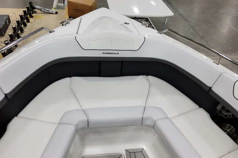Slide: The Image of 2026 Formula 350 Crossover Bowrider OB interior with white cushioned seating and sleek design. - 43
