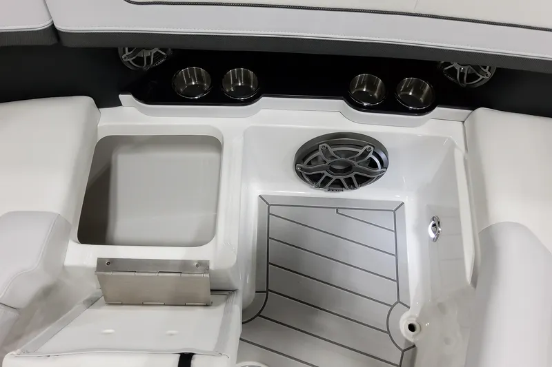 Slide: The Image of 2026 Formula 350 Crossover Bowrider OB interior with cup holders and speaker system. - 46