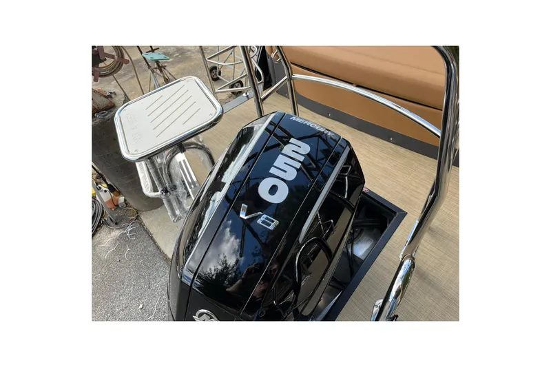 Slide: The Image of 2025 Harris Sunliner 250 with Mercury 250 V8 engine, showcasing sleek design and power. - 11