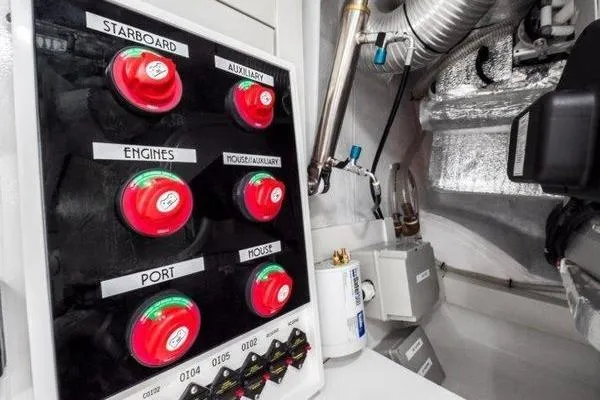 Slide: The Image of Control panel inside 2021 OKEAN FB Motor Yacht engine room with labeled switches. - 27