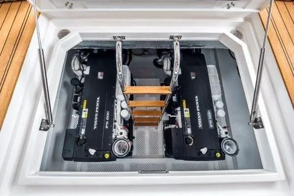 Slide: The Image of 2021 OKEAN FB Motor Yacht engine compartment with dual Volvo Penta engines. - 29