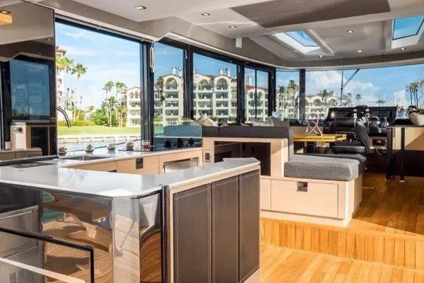 Slide: The Image of Luxurious 2021 OKEAN FB Motor Yacht interior with modern design and panoramic windows. - 4