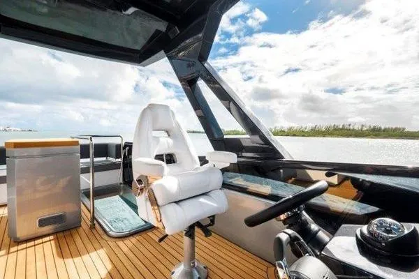 Slide: The Image of Luxurious 2021 OKEAN FB Motor Yacht helm with modern design and scenic ocean view. - 8