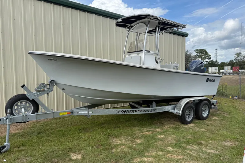 Slide: The Image of 2024 May-Craft 20 Cape Classic boat on trailer, parked outdoors. - 0