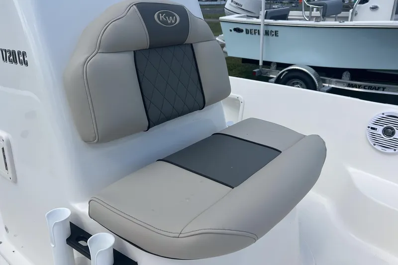 Slide: The Image of 2026 Key West 1720 Center Console boat seat with gray and beige upholstery. - 10