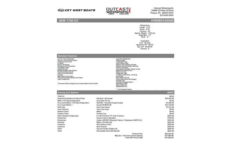 Slide: The Image of 2026 Key West 1720 Center Console boat specifications and pricing details. - 18
