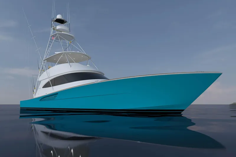 Slide: The Image of 2027 Viking 70 Convertible yacht on calm water, showcasing sleek design and vibrant blue hull. - 3