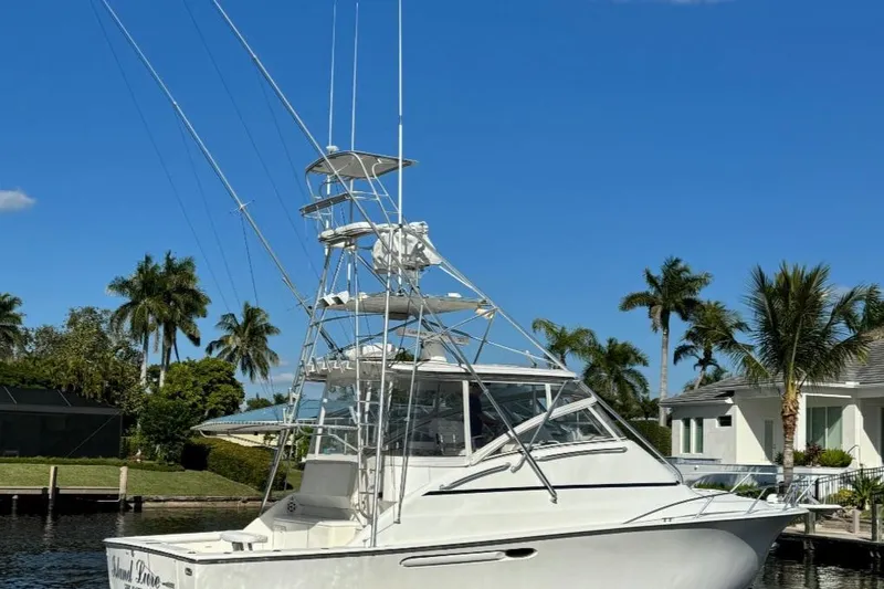 Slide: The Image of 1999 Ocean Yachts 40 Open boat docked, surrounded by palm trees and clear blue sky. - 6