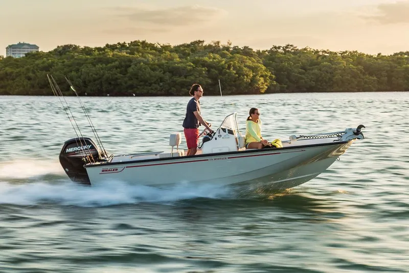 Slide: The Image of Manufacturer Provided Image: 2024 Boston Whaler 170 Montauk boat cruising on water with two passengers. - 4
