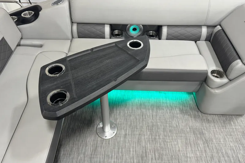 Slide: The Image of Luxurious interior of 2021 Bennington L 25 Swingback with sleek seating and ambient lighting. - 9