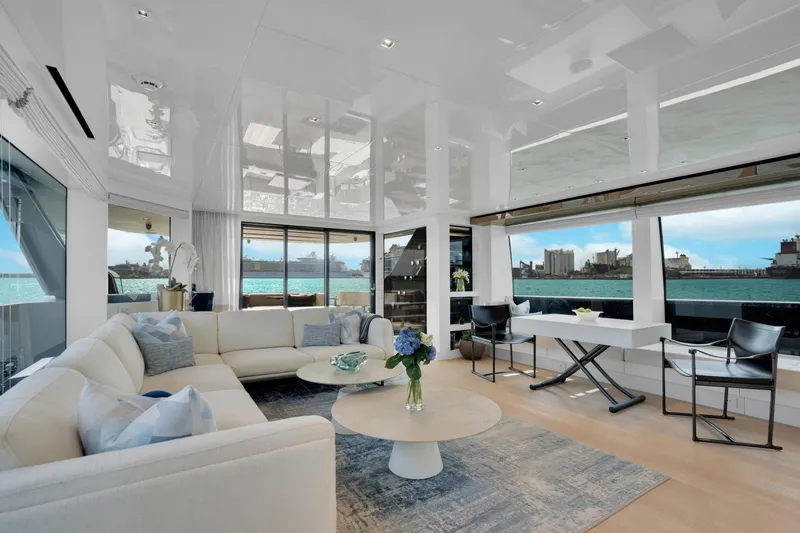 Slide: The Image of Luxurious interior of 2023 Sanlorenzo SL96A yacht with elegant seating and ocean views. - 3