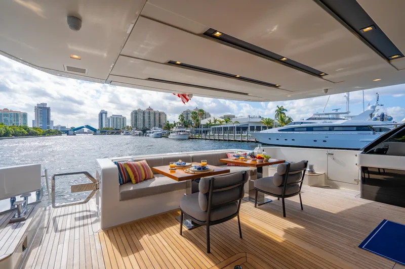 Slide: The Image of Luxurious 2023 Sanlorenzo SL96A yacht deck with dining area, overlooking waterfront cityscape. - 40