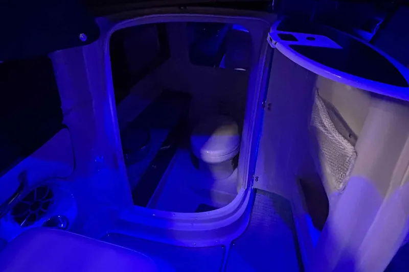 Slide: The Image of 2021 Crownline 290 SS boat interior with blue lighting, featuring a compact bathroom. - 18