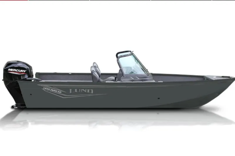 Slide: The Image of 2026 Lund 1650 Angler Sport boat with Mercury engine, side view. - 1