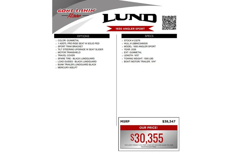 Slide: The Image of 2026 Lund 1650 Angler Sport boat features, specs, and pricing details. - 2