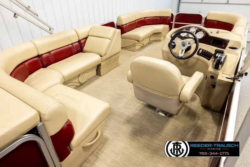 Slide: The Image of 2018 Misty Harbor 2085 CR pontoon boat interior with beige and red seating. - 12