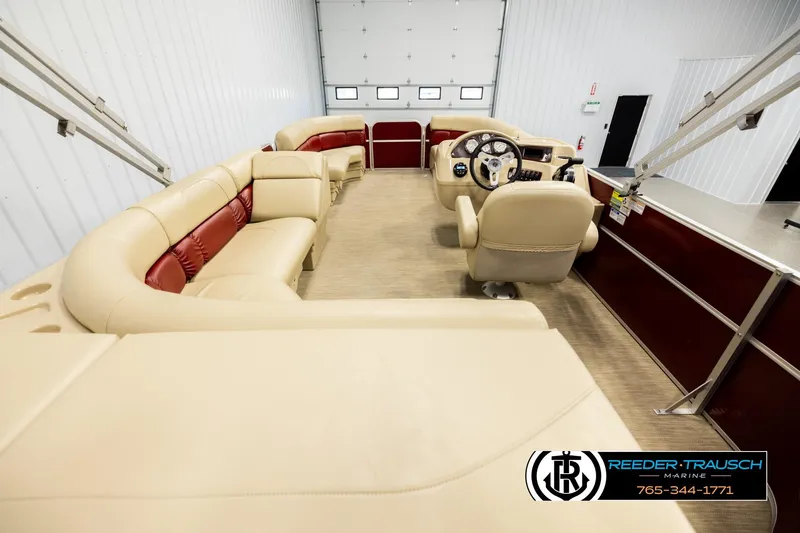 Slide: The Image of Interior of 2018 Misty Harbor 2085 CR pontoon boat with beige and red seating. - 16