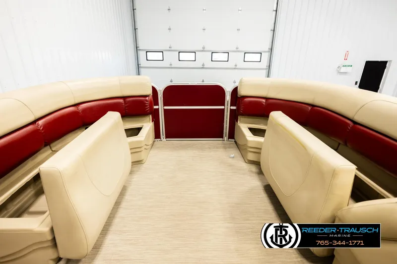 Slide: The Image of Interior of 2018 Misty Harbor 2085 CR pontoon boat with beige and red seating. - 19