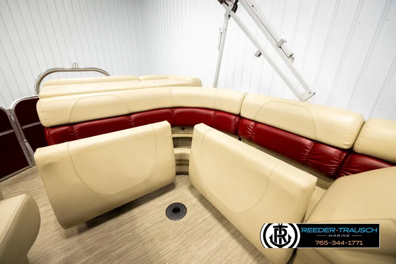 Slide: The Image of 2018 Misty Harbor 2085 CR boat interior with beige and red seating. - 22