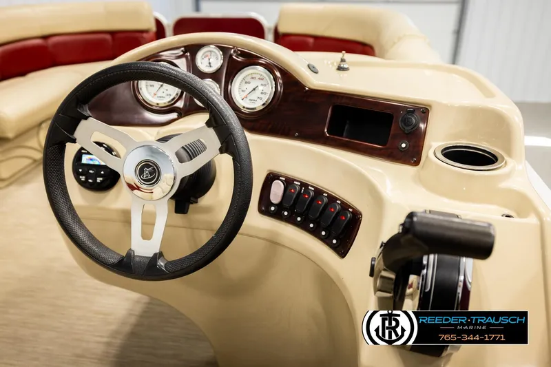 Slide: The Image of Steering console of 2018 Misty Harbor 2085 CR pontoon boat with gauges and controls. - 29