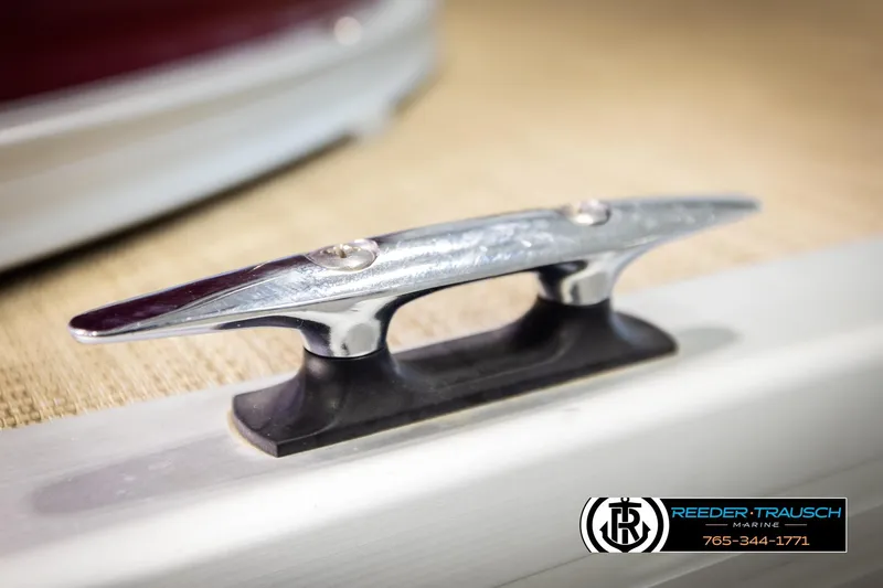 Slide: The Image of Close-up of a 2018 Misty Harbor 2085 CR boat cleat, Reeder-Trausch Marine logo visible. - 53