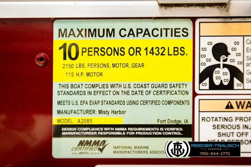 Slide: The Image of 2018 Misty Harbor 2085 CR capacity plate, 10 persons or 1432 lbs, safety compliance. - 54