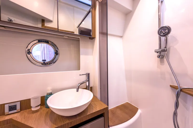 Slide: The Image of Luxurious bathroom in 2015 Beneteau Gran Turismo 49 yacht with modern fixtures. - 30