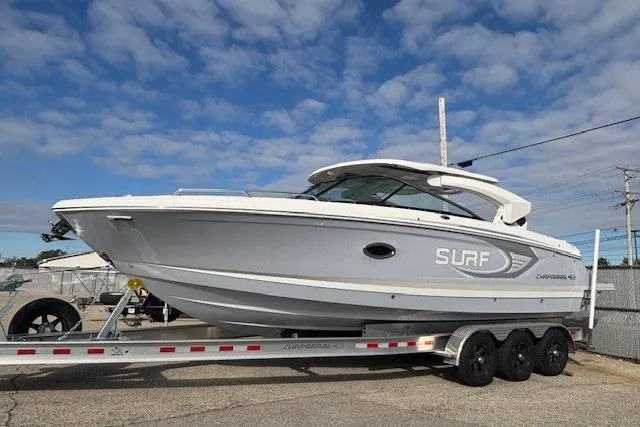 Slide: The Image of 2024 Chaparral 30 Surf boat detail showing metal and black components. - 45