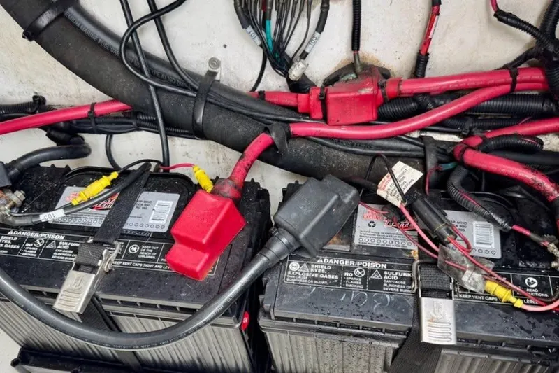 Slide: The Image of Batteries and wiring inside a 2012 Sea Ray 250 SLX boat. - 14