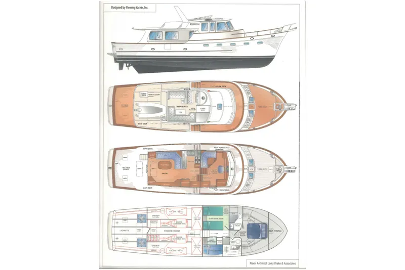Slide: The Image of Blueprint of 2007 Fleming 55 yacht, showcasing detailed deck and interior layouts. - 6