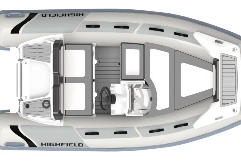 Slide: The Image of Top view of 2026 Highfield Sport 330 inflatable boat, showcasing seating and steering layout. - 11