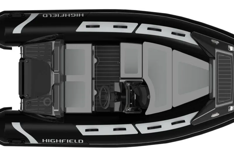 Slide: The Image of 2026 Highfield Sport 330 boat, top view, sleek black and gray design. - 8