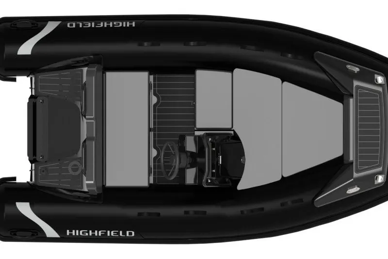 Slide: The Image of 2026 Highfield Sport 330 boat, top view, sleek black design with gray seating. - 9
