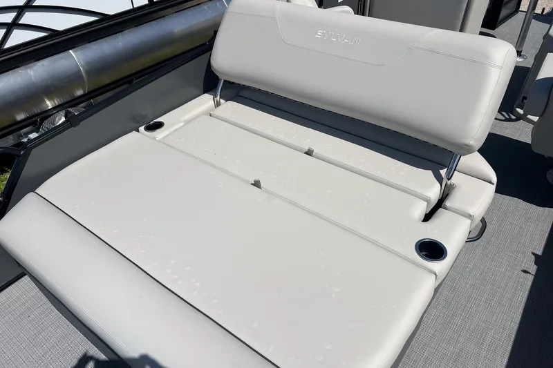 Slide: The Image of 2026 Sylvan Mirage 820 CLZ DH boat seat with cup holders, gray upholstery. - 18