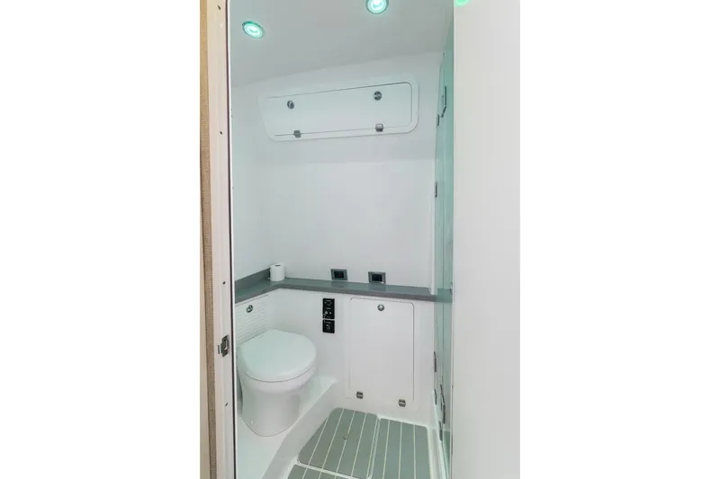 Slide: The Image of Modern bathroom interior in 2023 HCB 53 Sueños boat, featuring sleek design and lighting. - 57