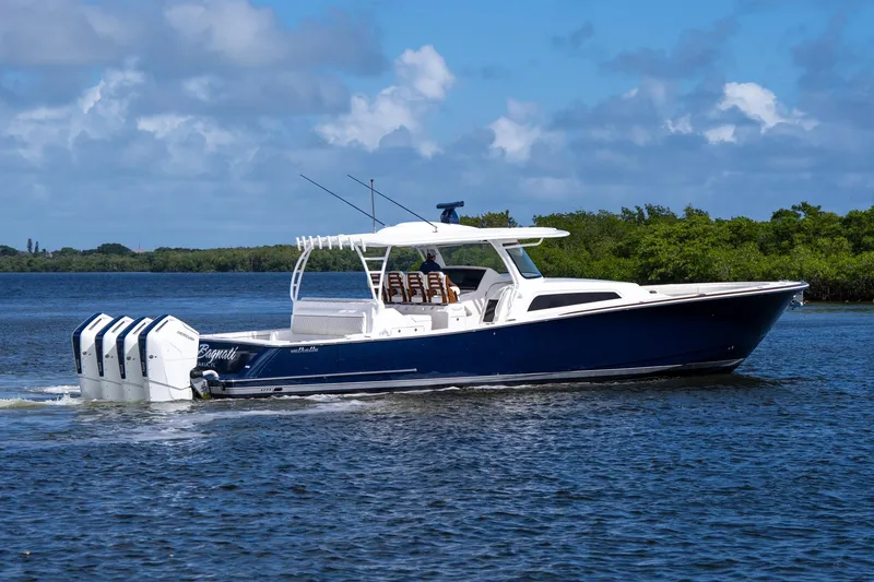 Slide: The Image of 2025 Valhalla Boatworks V-55 cruising on a sunny day with lush greenery in the background. - 4