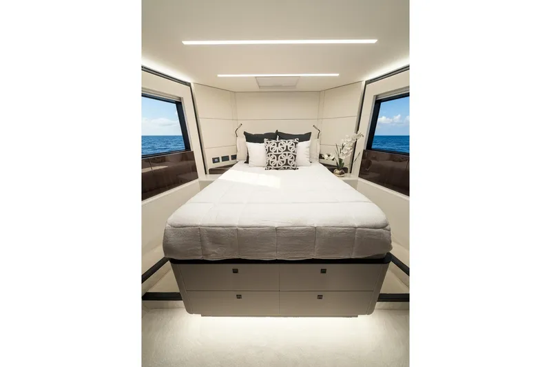 Slide: The Image of Luxurious bedroom interior of 2026 Astondoa 66 Fly yacht with ocean view windows. - 26