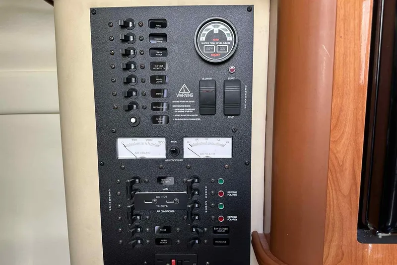 Slide: The Image of Control panel of a 2003 Rinker Fiesta Vee 290 boat, featuring gauges and switches. - 7