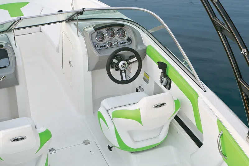 Slide: The Image of Manufacturer Provided Image: 2017 Chaparral 19 H2O Sport boat interior with green and white seating. - 24