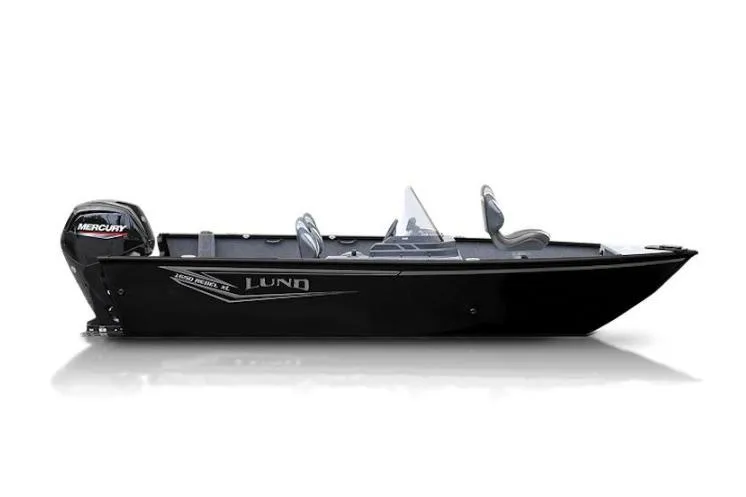 Slide: The Image of 2026 Lund 1650 Rebel XL SS fishing boat, sleek black design with Mercury outboard motor. - 0
