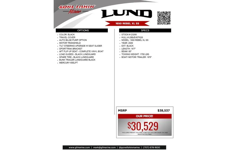 Slide: The Image of 2026 Lund 1650 Rebel XL SS boat specifications and pricing details. - 1