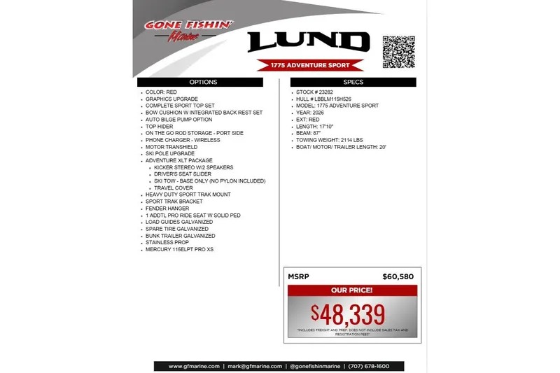 Slide: The Image of 2026 Lund 1775 Adventure Sport boat features and pricing details. - 21